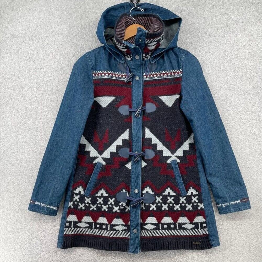 Desigual Denim Duffle Coat Womens EUR 34 US 4 Blue Navai Art To Wear Artsy Boho